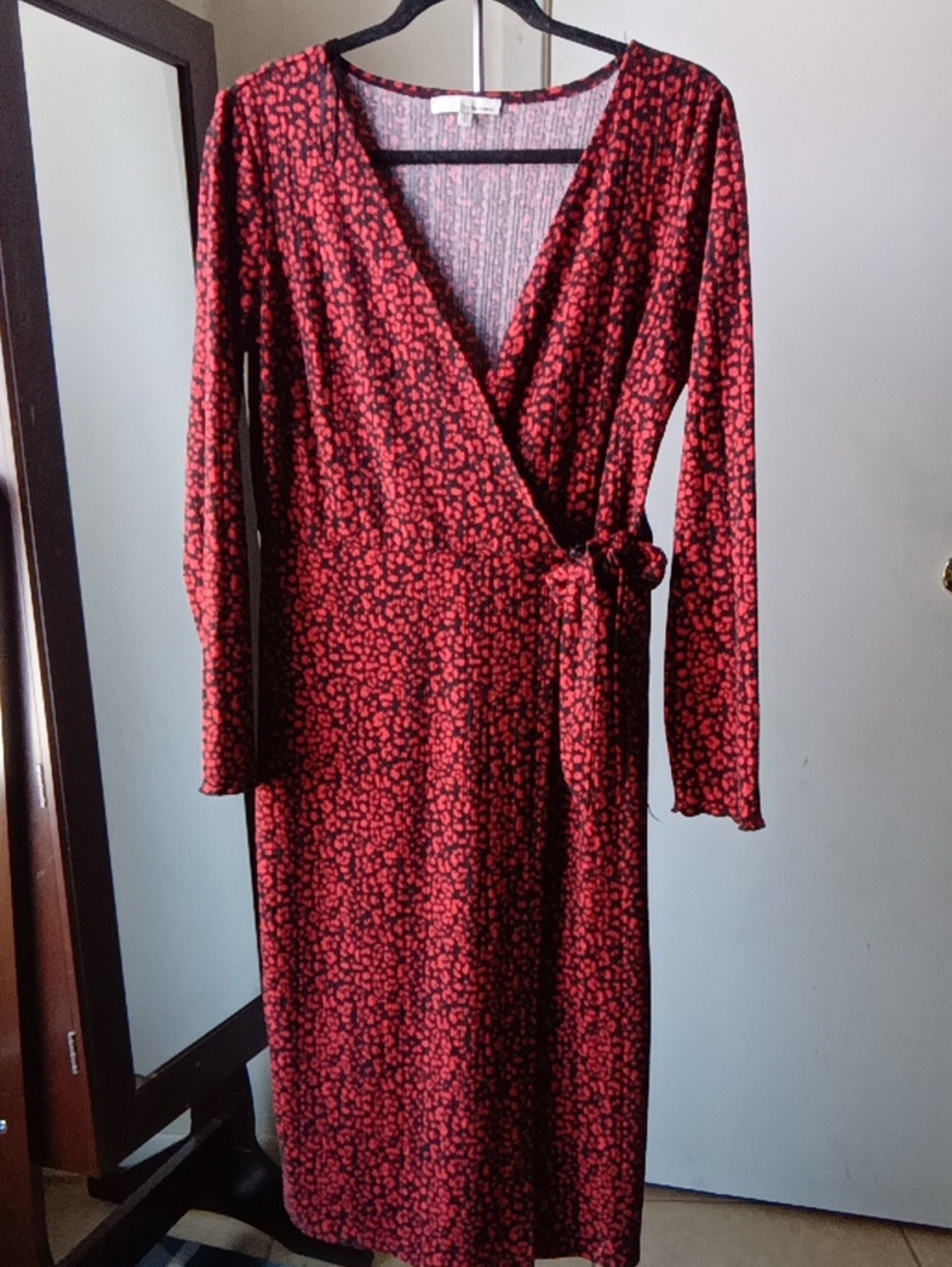 June & Hudson Red And Black Leopard Print Faux Wrap Dress.